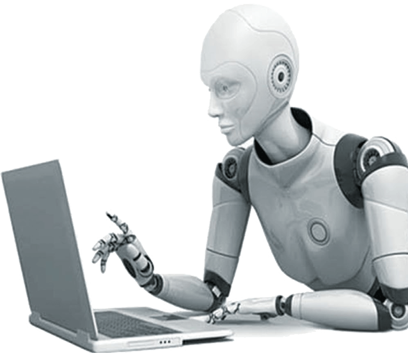 Robot escribiendo un artículo en un portátil.